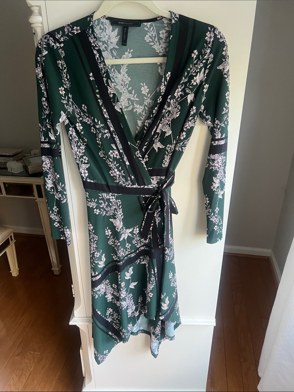 BCBG Max Azria Green Floral Wrap Dress with Black Trim